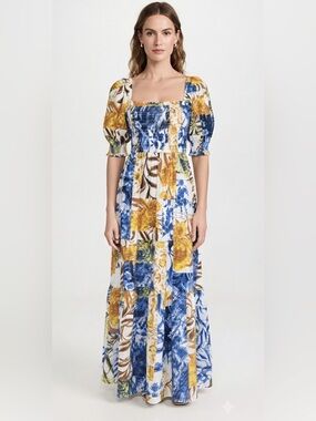 Boho Maxi Smocked Patchwork Blue & Gold Patchwork Dress XS Cottagecore